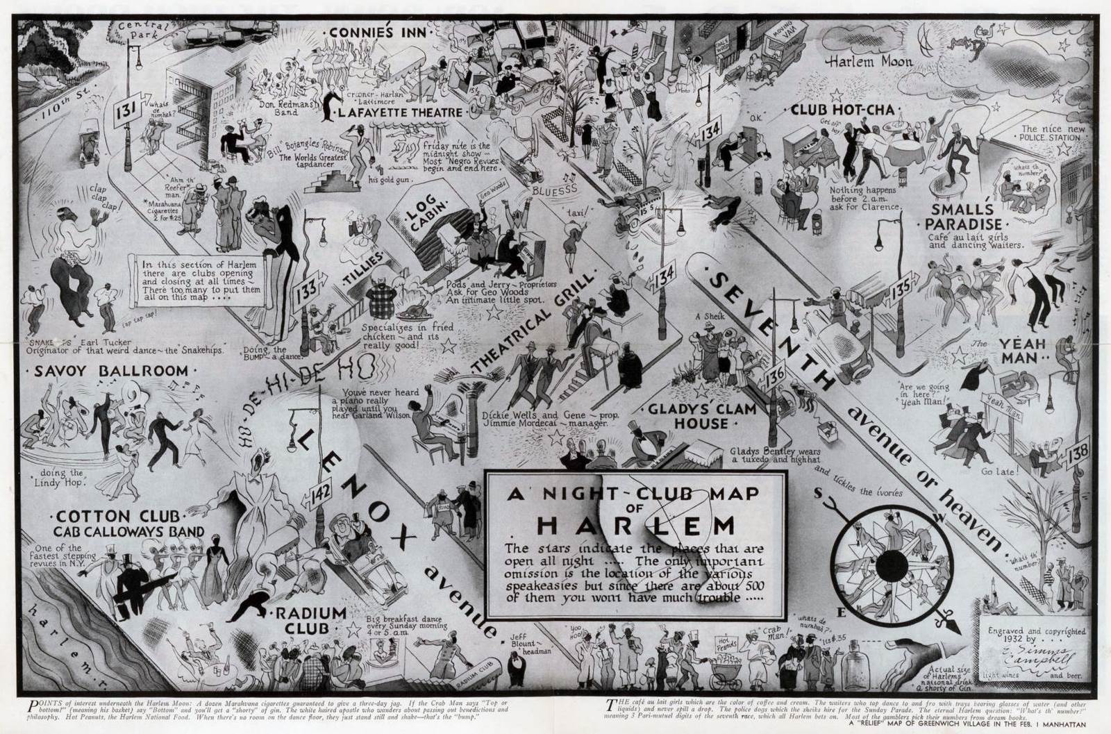 A black-and-white illustrated rendition of a map of the night club venues in Harlem, New York, during the Harlem Renaissance era. The illustration is divided into the actual streets and venues frequented during the time by Black American patrons and artists, and includes short descriptions of the spaces and stylized drawings of people at those spaces. 