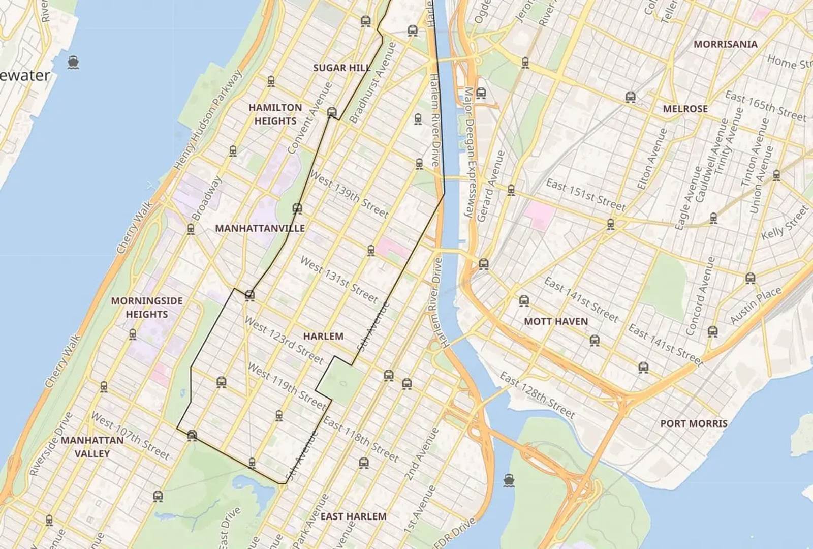 A map of New York with Harlem outlined in a black border for emphasis.