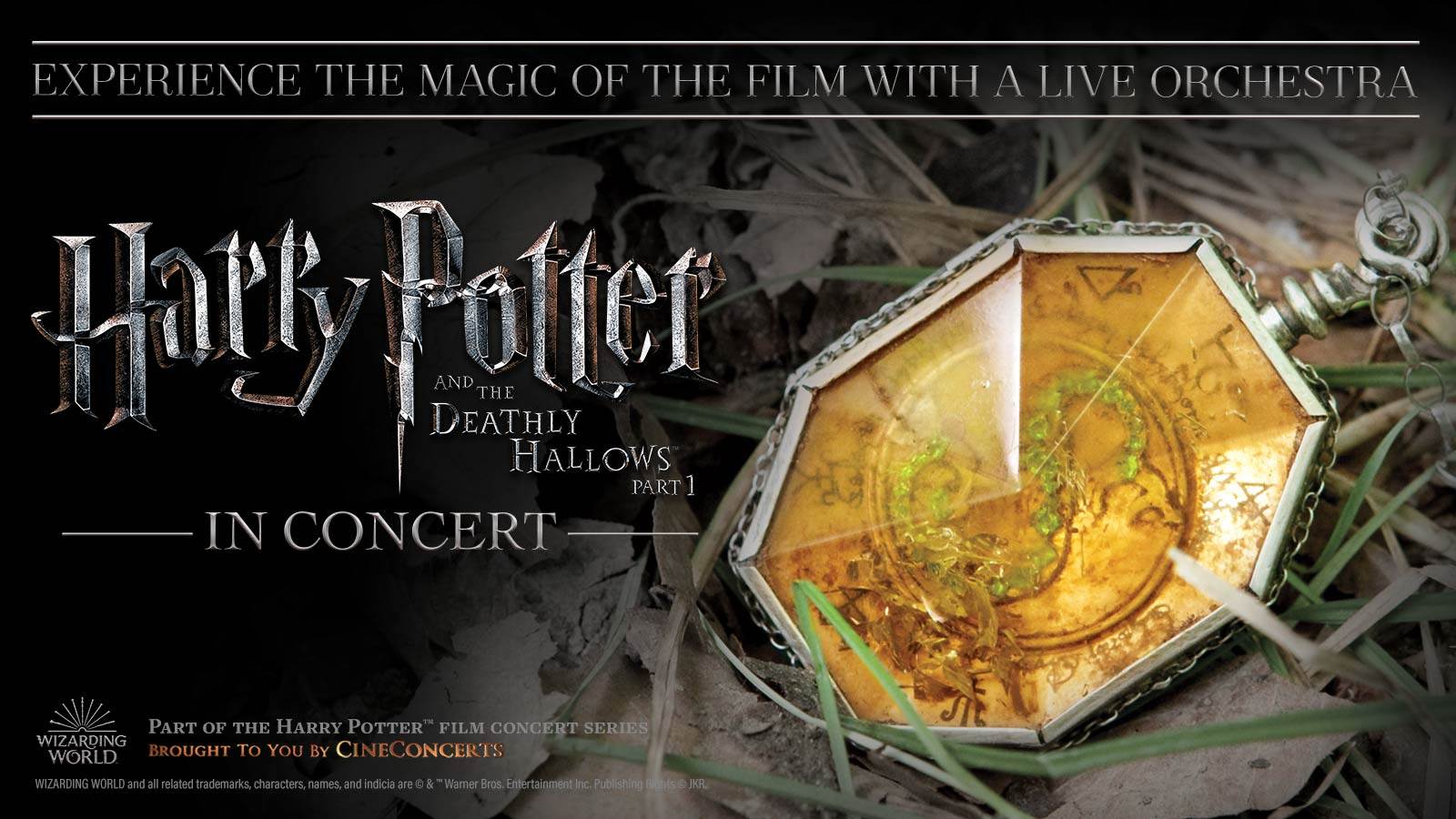Harry Potter in concert logo with old locket in grass
