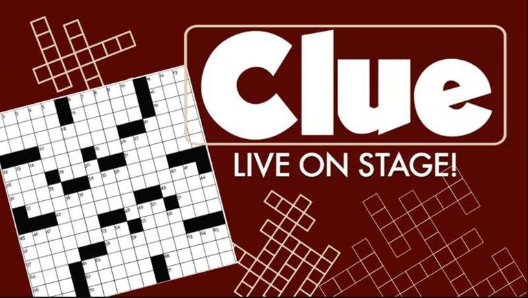 Graphic of a crossword puzzle with the logo for the board game and musical Clue and the words Live on Stage